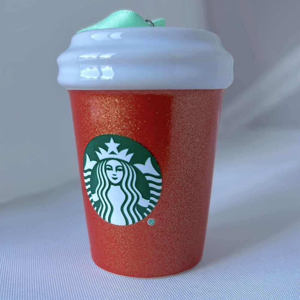 🎄 Starbucks, ceramic hot cup ornament, Sunset Orange Gold Glitter